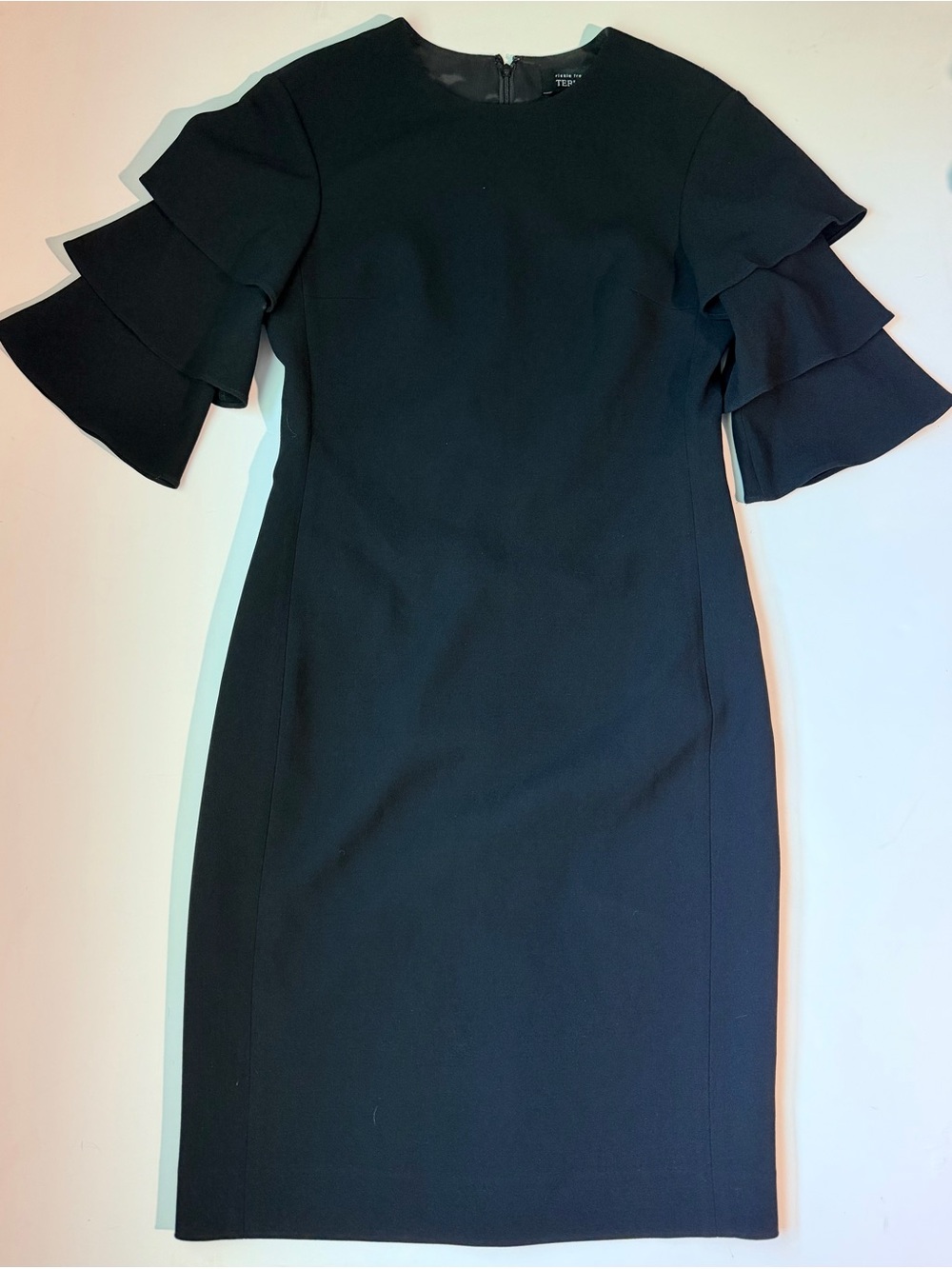 Rickie Freeman for Teri Jon Black Midi Sheath Dress with Ruffle Sleeves